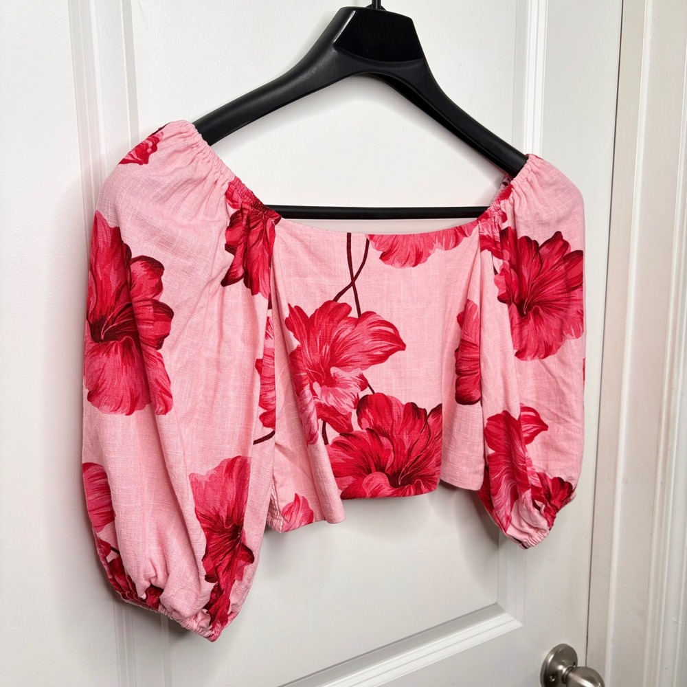 NEW Paper Heart Puff Sleeve Crop Top Pink Floral Linen Blend Small NWT Tropical